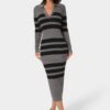 Long Sleeve Collared Striped Knit Dress