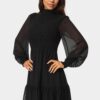 Long Sleeve Mock Neck Chifon Smocked Mini Dress